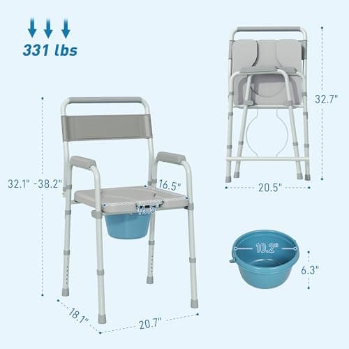 HOMCOM 4 in 1 Bedside Commode Shower Chair Portable Toilet Raised Toilet Seat with Handle for Seniors, Adults, Handicap, Adjustable Height, Gray 7