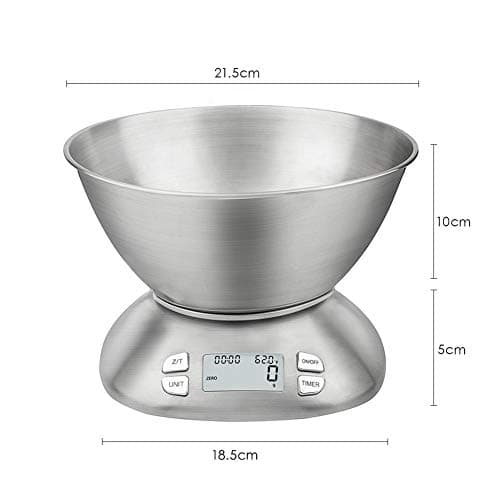 Digital Kitchen Scale with Removable Bowl 2.5L Volume, Electronic Stainless Steel Food Scale for Cooking Baking, Room Temperature, Alarm Timer, 12lb 5.5kg, Batteries Included 9