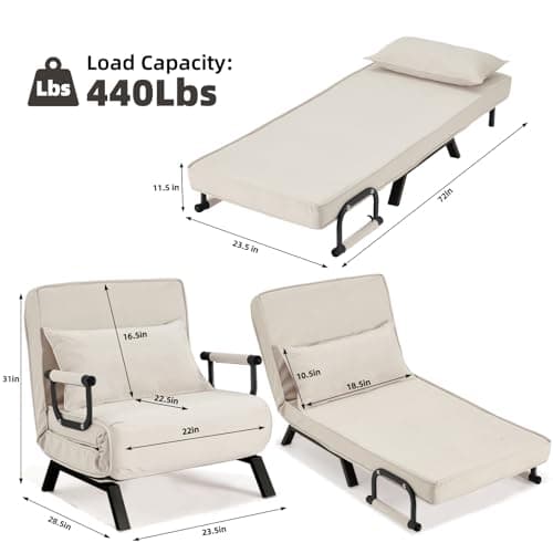 Hupmad Convertible Bed Sleeper Chair,Tri-fold Upholstered Armchair Sleeper with Pillow,Folding Leisure Chaise Lounge Couch,6 Angle Adjustable Backrest Single Lazy Bed for Office (Beige, Regular) 3