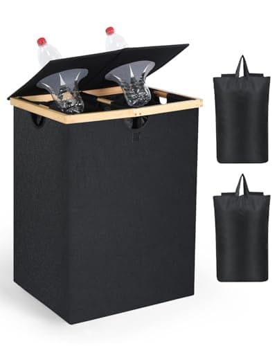 OTraki 140L Recycling Bin for Kitchen, 2 Compartments Large Home Recycle Bin with Lid with 2 Removeable and Reusable Inner Bag for Bottle Can Glass Waste Plastice, Black