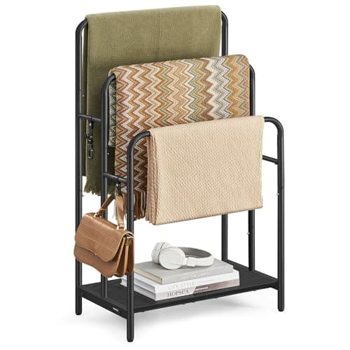 VASAGLE Freestanding Towel Rack, 3-Tier Blanket Holder with Storage Shelf, 19.7 x 11.8 x 39.4 Inches, 2 Hooks, for Bath Towels, Ink Black and Ebony Black ULLS009B01