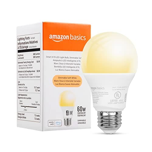 Amazon Basics Smart A19 LED Light Bulb, Dimmable Soft White (2700K), 7.5W (60W Equivalent), 800LM, Works with Alexa Only, 2.4 GHz Wi-Fi, No Hub Required, 1 Pack