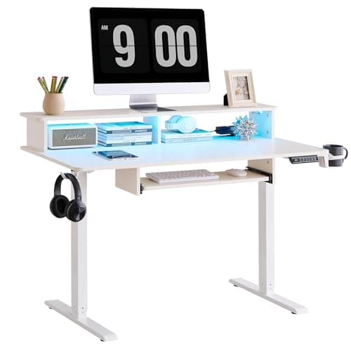 OKD 48" Electric Standing Desk Adjustable Height, Sit Stand Up Desk with Keyboard Tray, Power Outlets, LED Lights & Monitor Shelf - Ergonomic Desks for Home Office, Work & Gaming, Antique White 8