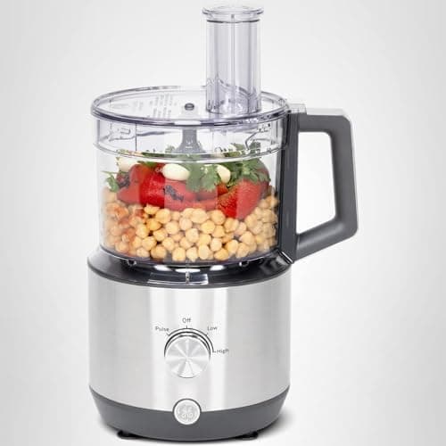GE Food Processor | 12 Cup | Complete With 3 Feeding Tubes & Stainless Steel Accessories - 3 Discs + Dough Blade | 3 Speed | Great for Shredded Cheese, Chicken & More | Kitchen Essentials | 550 Watts 13