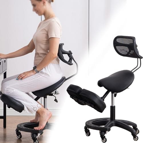 TUJOBA Modern Ergonomic Saddle Seat Kneeling Chair with Backrest, 360 Degrees Swivel Mobile Angled Posture Stool for Office, Black Leather