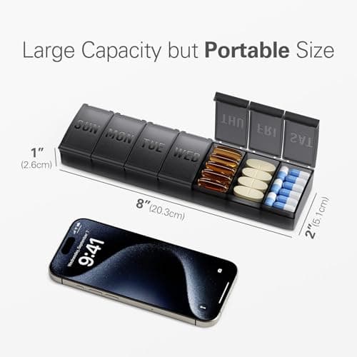 Barhon Pill Organizer Large, Weekly Medicine Pill Organizers, 7 Day Pills Box Case Travel for Big Vitamin Supplements Fish Oil, Black 7