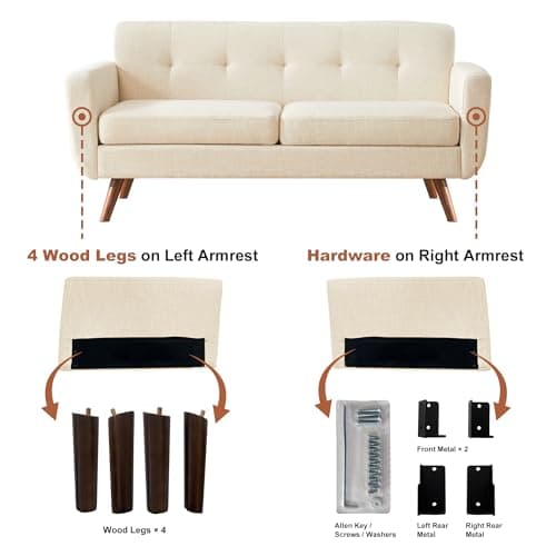 Tbfit 65" W Loveseat Sofa, Mid Century Modern Decor Love Seat Couches for Living Room, Button Tufted Upholstered Small Couch for Bedroom, Solid and Easy to Install Love Seats Furniture, Beige 6