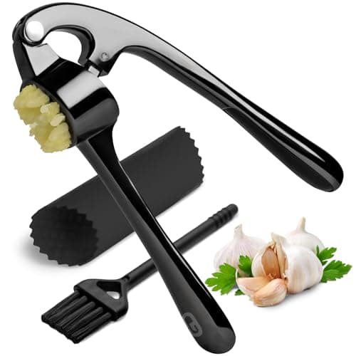 Garlic Press Crusher & Mincer – Easy Squeeze Ergonomic Handle, Heavy Duty Zinc Alloy, Dishwasher Safe, Includes Peeler & Cleaning Brush – Garlic Ginger Crusher Tool (Black)
