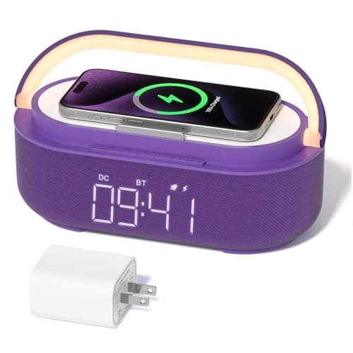 COLSUR Bluetooth Speaker Alarm Clock with Wireless Charger, FM Radio, Adjustable LED Night Light, 6 in 1 Bedroom Portable Speaker 2500mAh, Phone Stand for Bedside, Home, Office, Gift (Purple)