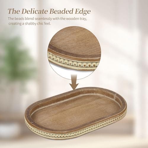 Hanobe Decorative Serving Tray Wood: Brown Bead Oval for Coffee Table Rustic Wooden Trays Decor Farmhouse Kitchen Counter Vintage Centerpiece Living Room Home Organizer, 15.15''x9.25''x1.18'' 9