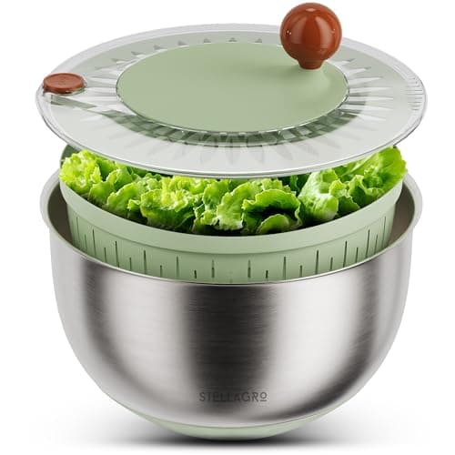Stainless Steel Salad Spinner Large - Fruit and Vegetable Wash Bowl with Strainer - Lettuce Spinner, Fruit Cleaner, Collapsible Salad Dryer 5.3 Quart Capacity