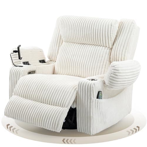 SINCRUMI Power Oversized Swivel Rocker Recliner with Dual Motor Adjustable Headrest for Adults, Glider Rocking Chair with Vibration and Heat, USB A&C Ports, Armrest Storage, Cup Holder, Cream White