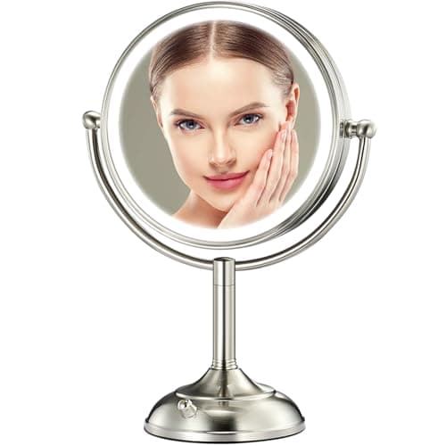 Professional 8.5" Large Lighted Makeup Mirror with Brighter Lights, 1X/10X True HD Magnifying Mirror with 3 Color Dimmable Lights, 90 Shadowless LEDs, 360°Swivel Seamless Vanity Mirror, Pearl Nickel