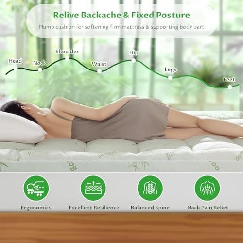 Baauye Bamboo_Viscose Mattress Topper Queen,1200 GSM Cooling Mattress Pad,Extra Thick Pillow Top Mattress Topper for Back Pain,2" Down Alternative Filling with 8"-21" Deep Pocket(Queen,60"x80") 6