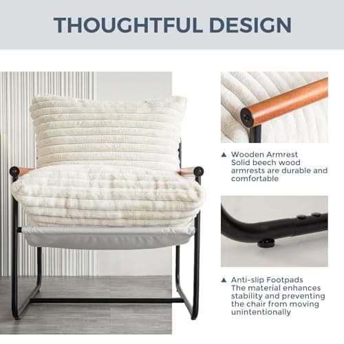 MAXYOYO Accent Chair, Sherpa Arm Chair for Living Room, Mid Century Modern Accent Chairs, Boucle Reading Bedroom Chair, Teddy Armchair, Wooden Arms Metal Frame 6