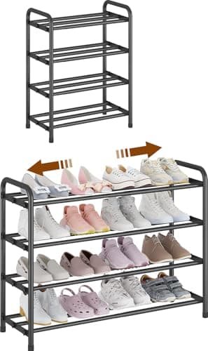 KANAV 4-Tier Expandable Shoe Rack – Adjustable Shoe Organizer & Shoe Storage for Closet, Entryway, and Front Door – Space-Saving Shoe Shelf and Rack Organizer for Home - Black