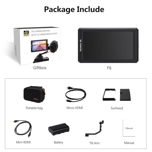 FEELWORLD F6 Camera Field Monitor Bundle - 6 Inch 4K HDMI On Camera Monitor with Waveform, 3D LUT Load (Includes Battery, Micro & Mini HDMI Cords, Carry Case) 7