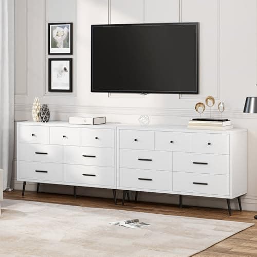 DWVO White 7 Drawer Dresser, 47" W Large Double Dresser Chest of Drawers, Modern Wood Storage Organizer with Black Metal Handles & Anti-Tipping Device for Hallway, Entryway 5