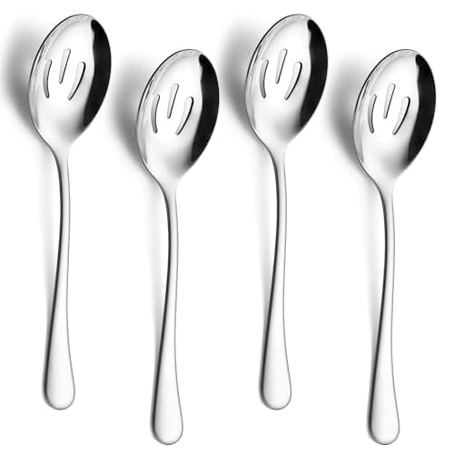 E-far Large Serving Slotted Spoons Set of 4, 9.8 Inch Stainless Steel Serving Utensils Set, Big Buffet Spoons for Party Catering Wedding Kitchen Restaurant, Dishwasher Safe