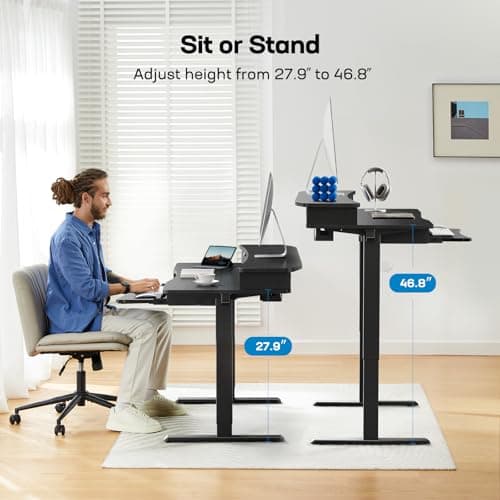 HUANUO 55" x 26" Electric Standing Desk with 2 Drawers & 26.7" Large Keyboard Tray, C-Clamp Mount Compatible, Adjustable Computer Desk for Home Office, Stand Up Desk with 4 Height Presets, Black 7