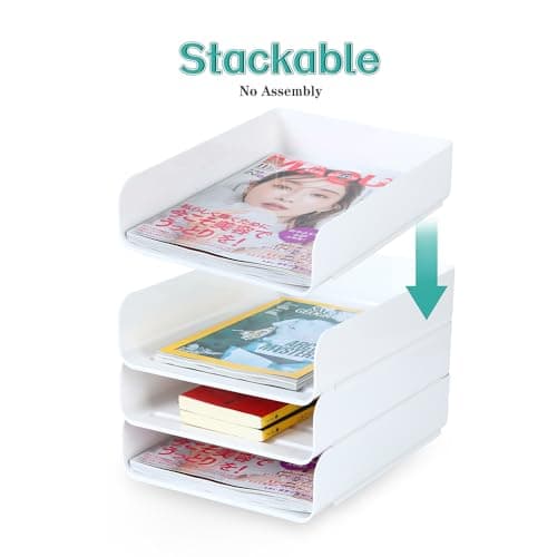 (4pcs Pack) HKeeper Stackable Paper Trays,Letter Tray Organizer,Office Desktop Organizer,A4 Paper Holder,Supplies Magazine,File Documents,Receipts（White,Regular） 5