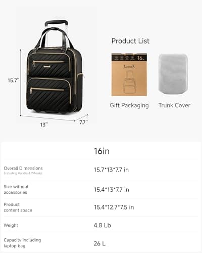 LUGGEX Underseat Carry On Luggage with Wheels, UDK Stylish Lightweight Under Seat Luggage, Soft Sided Personal Item Suitcase for Short Trip (UX-Core, Black, 16 Inch) 7