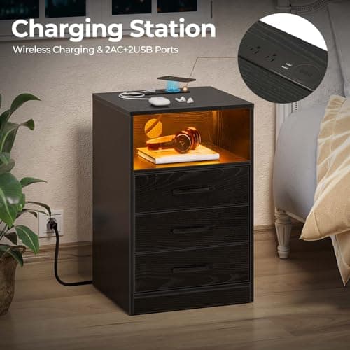 Seventable Nightstand with Wireless Charging Station and LED Lights, Modern End Side Table with 3 Drawers and Open Compartment for Bedroom, Black 6