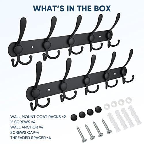 TICONN Wall Mounted Coat Rack, Five Heavy Duty Tri Hooks All Metal Construction for Jacket Coat Hat in Mudroom Entryway (Matte Black, 2-Pack) 5