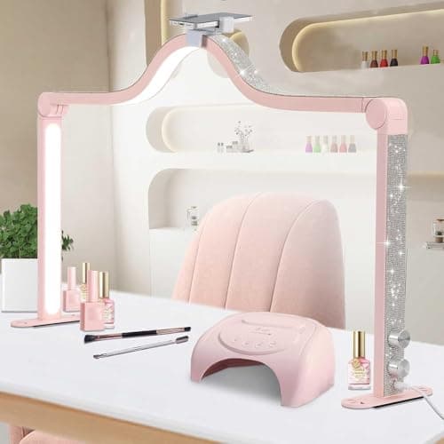 Half Moon Light for Nail Desk, 34.5In Foldable Square Nail Tech Lamp with Phone Holder, 3000-6000K Dimmable Half Moon Manicure Light for Lash Eyelash Extension, Tattoo, Eyebrows, Crafts (Pink, A)