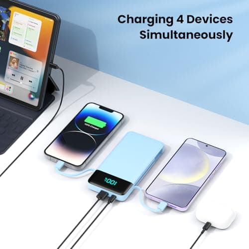 Portable Charger for iPhone 13800mah Power Bank with Built in Cables and Wall Plug,PD USB C In&Out Fast Charging,4 Outputs Travel Essential Battery Pack for iPhone 16/15/14,Galaxy S25,Android-Sky Blue 7