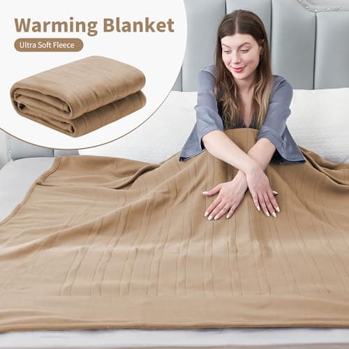 Eydna Electric Heated Blanket Twin Size 62"x84", Soft Fleece with 10 Hours Auto-Off & 4 Heating Levels, Overheating Protection, ETL Certification Machine Washable, Light Brown 5