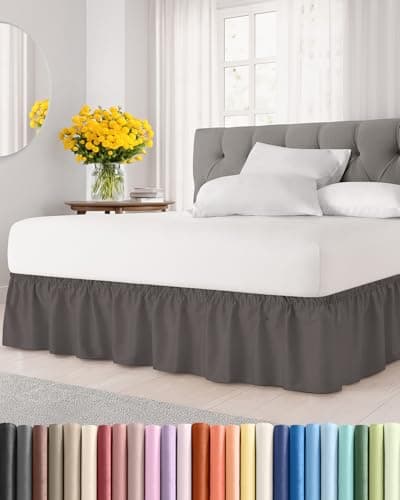 Wrap Around Dust Ruffle Bed Skirt - Dark Grey - for Full Size Beds with 15 Inch Drop - Elastic Strap - Adjustable Pleated Bedskirt with Brushed Fabric and Wrinkle Free - for Women, Men, Kids & Teens