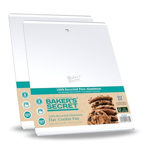 Baker's Secret 2pcs Large Flat Cookie Sheet 18" x 14" Aluminum Flat Baking Sheet, Extra Thick -2.7mm- 100% Recycled, Half Sheet with hanging hole - The Natural Aluminum Collection