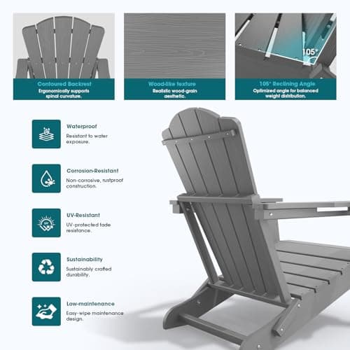THOEOE Folding Adirondack Chair,HDPE All-Weather Outdoor Chair with Cup Holder,Wooden Textured,Fire Pit Chair,Plastic Patio Chair for Deck,Backyard,Garden,Lawn(Grey) 6