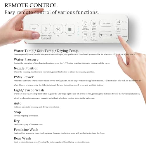 XCQQ Electric Bidet Toilet Seat with Remote Control, Heated Toilet Seat, Instant Warm Water, Warm Air Dryer, Rear Feminine and Oscillating Washing, Night Light, Slow Close Lid, LED Display - Elongated 7