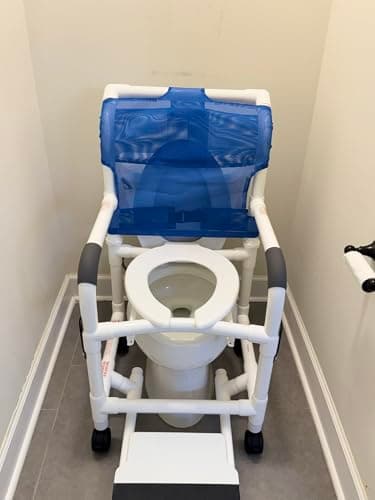 Rolling Shower Chair with Wheels & Drop Arms, Mesh Seat, 4 Locking Casters, Seat Belt, Sliding Footrest, Commode Pail – Fits Over Toilet, 300 lb Capacity – Institutional Grade | RL-1 7