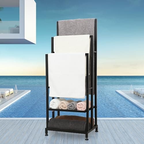 ZOES HOMEWARE Heavy Duty Pool Towel Rack for Outdoor | 3 Tier Free Standing Towel Rack with 2 Storage Shelves | Anti-Rust Stand Rack for Outdoor,Pool &Bathroom | Black, 41"x16"x12"