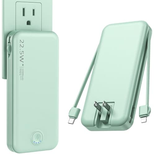 Nusyddy Portable Charger, 12000mAh 22.5W Fast Charging Power Bank with Built-in Cables & Wall Plug, Travel Essentials External Battery Pack, USB C Battery Phone Charger for iPhone, iPad, Samsung Green