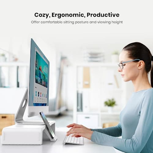 Monitor Stand Riser, Klearlook Foldable, Height Adjustable Computer Stand, Desk Shelf Riser with Storage Drawer &Tablet Phone Stand for Desktop, Laptop (White) 6