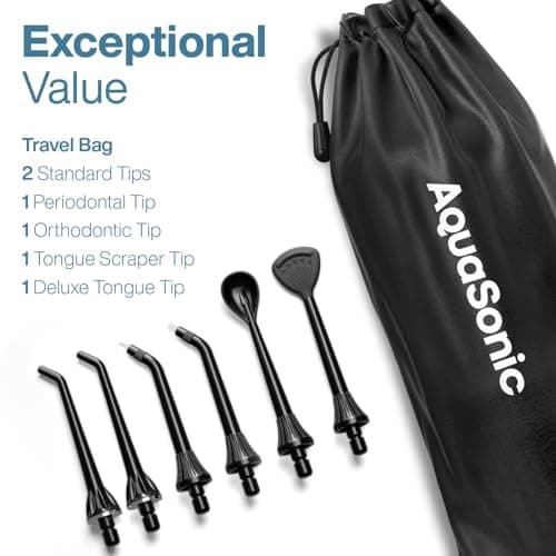 AquaSonic Aqua Flosser PRO - Rechargeable Electric Cordless Water Flosser for Teeth, Gums & Tongue - Waterproof Modern Design, 300ml Large Tank, 3 Modes, 6 Jet Tips, Deluxe Tongue Nozzle - Black 6