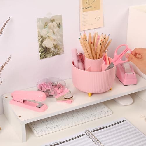 SKYDUE Pink Desk Accessories 10Pcs, Rotating Pen Holder for Desk, Stapler, Staple Remover, Tape Dispenser,2pcs Tape Refills, Binder Paper Clips Kit, Scissor,Pink Office School Supplies 8