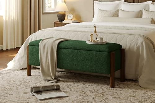 Quenvo Modern Storage Benches with Walnut Wood Legs, 47'' Ottoman Bench with 20 Gallons Storage Space for Bedroom End of Bed, Fabric Upholstered Entryway Bench with Seating for Livingroom, Green