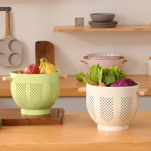 Metal Colander with Wood Handle and Stable Base, 5.5 Quart Powder Coated Steel Kitchen Strainer Basket for Draining Pasta, Vegetable and fruit,Cream 7