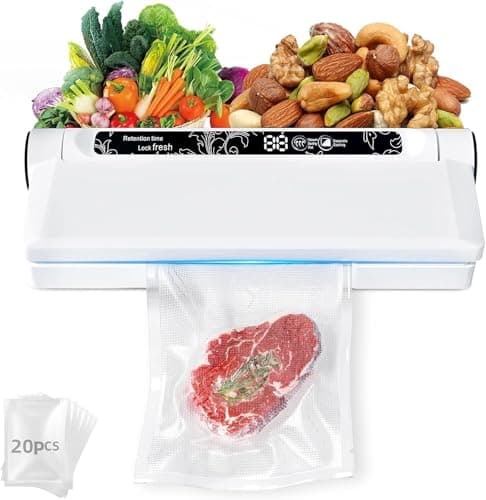 Food Vacuum Sealer Machine, 75KPA Strong Suction, Dry/Wet Modes, 20 Vacuum Seal Bags for Food, Digital Countdown Timer, Compact Lightweight, Ideal for Home Kitchen Use