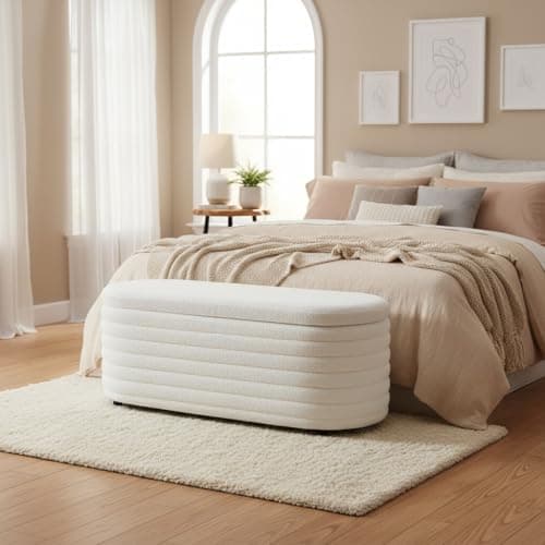 DM Furniture Storage Teddy Ottoman Bench Upholstered Fabric Storage Bench End of Bed Stool with Safety Hinge for Bedroom, Living Room, Entryway, Closet(45.5", White) 7