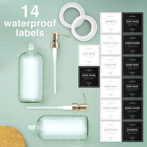 Vine Creations Clear Glass Soap Dispenser, 2 Pack Kitchen Soap Dispenser Set with Stainless Steel Pump, 16 oz Dish Soap and Hand Soap Dispensers for Bathroom with Waterproof Labels 5