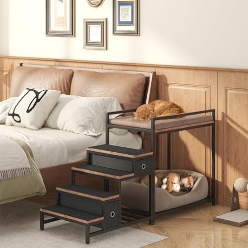 Saudism Pet Bunk Bed with Removable Stairs and 2 Drawers, Dogs/Cats Window Perch, Dog Window Seat with Soft Cushion, Ultra-Shallow Steps, Sturdy Metal Frame, Non-Slip, Load Capacity 60 LBS 6