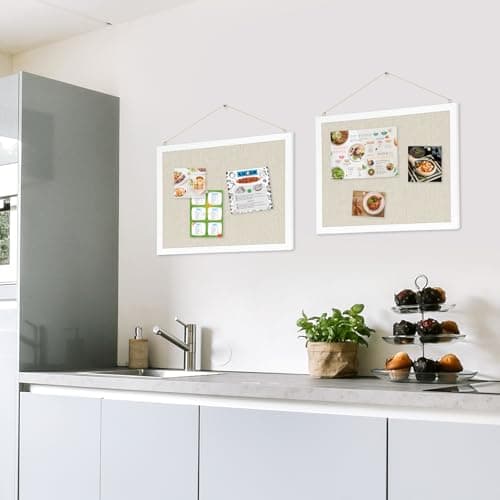 AMUSIGHT 2-Pack Double-Sided Cork Board with Linen, 16" x 12" Hanging Wood Framed Bulletin Board, Picture Display Vision Board Kit Corkboards for Wall School Office Decor, 20 Pushpins (Vintage White) 9