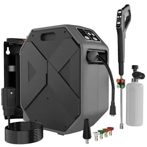 DECOKTOOL Wall Mounted Pressure Washer - 5000 PSI, 3.6 GPM Electric Power Washer with 100FT Retractable Hose, 5-Stage Adjustable Pressure, Foam Cannon & 5 Nozzles for Car, Lane, Patio Cleaning, Dark