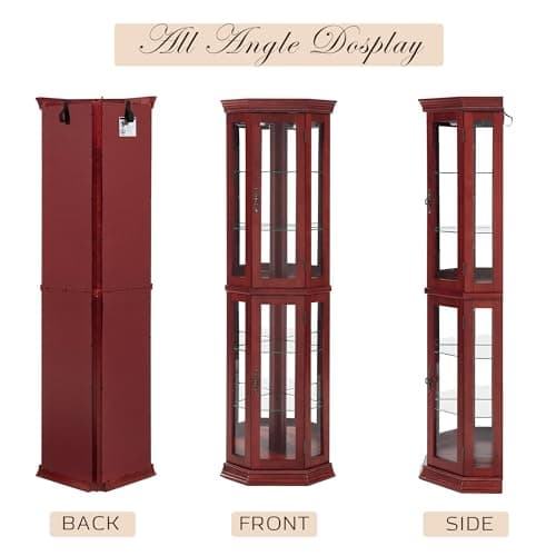 CKEASEAN Corner Curio Cabinet with Light Bulb, Tempered Glass Doors, Floor Standing Glass Display Cage with 6 Tempered Glass Shelves, Wine Cabinet Storage Rack for Bar and Liquor Storage (Cherry) 9